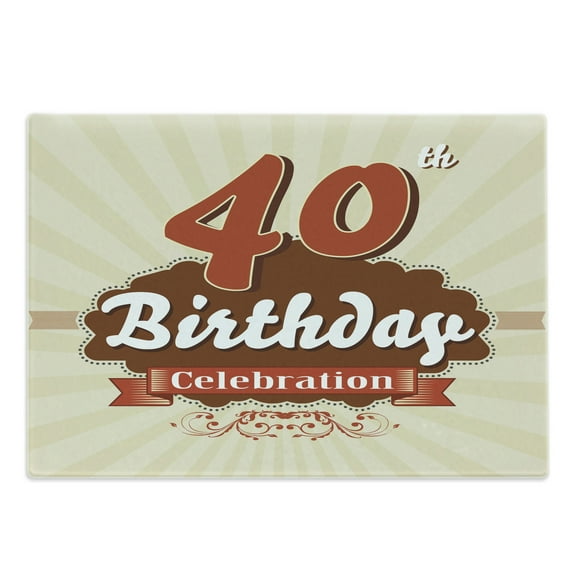 40th Birthday Cutting Board, Vintage Old Fashioned Style Celebration Banner and Retro Dots, Decorative Tempered Glass Cutting and Serving Board, Large Size, Orange Ivory Cinnamon, by Ambesonne
