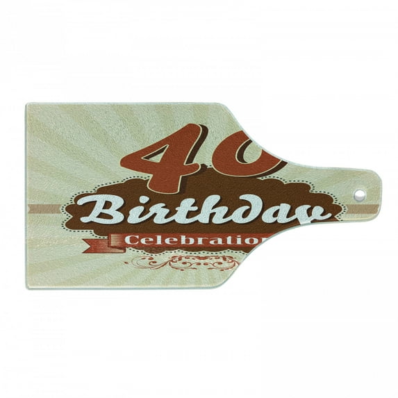 40th Birthday Cutting Board, Vintage Old Fashioned Style Celebration Banner and Retro Dots, Decorative Tempered Glass Cutting and Serving Board, Wine Bottle Shape, Orange Ivory Cinnamon, by Ambesonne