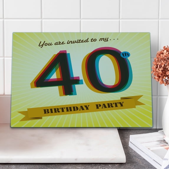 40th Birthday Cutting Board, Vintage Style Graphic Banner Party Invitation Theme Optical Striped Design, Decorative Tempered Glass Cutting and Serving Board, Large Size, Multicolor, by Ambesonne