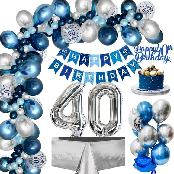 40th Birthday Decoration, Balloons for 40th Birthday, Men with Blue / Silver Balloons, 40th Happy Birthday Banner, Foil Balloon, 40th Confetti Balloon for Men and Womens Birthday Decorations