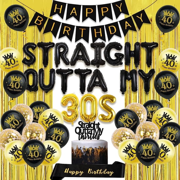 40th Birthday Decoration Black Gold, Straight Outta My 30s Foil Balloon Banner Happy Birthday Sash Fringe Curtain 40th Birthday Balloons for 40 Years Old Man and Women Birthday Party Supplies