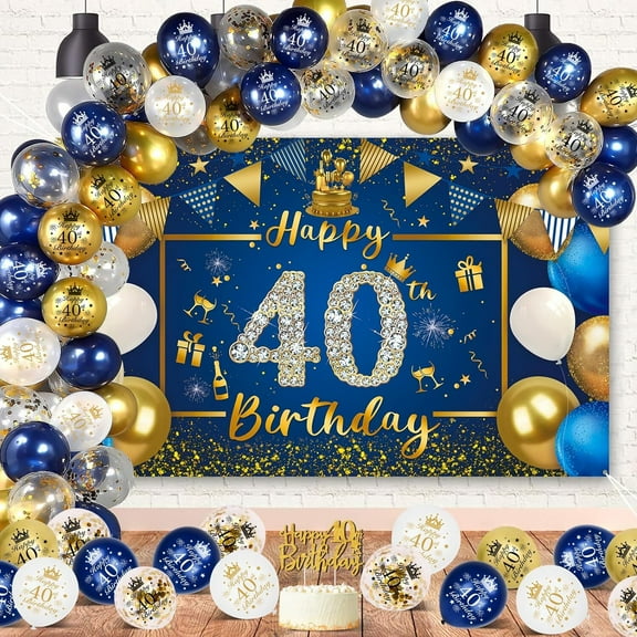 40th Birthday Decoration, MMTX Blue Gold 40th Birthday Decoration Man Woman Happy Birthday Banner Triangle Banner Gold Confetti Balloon, 40th Birthday Party Decoration