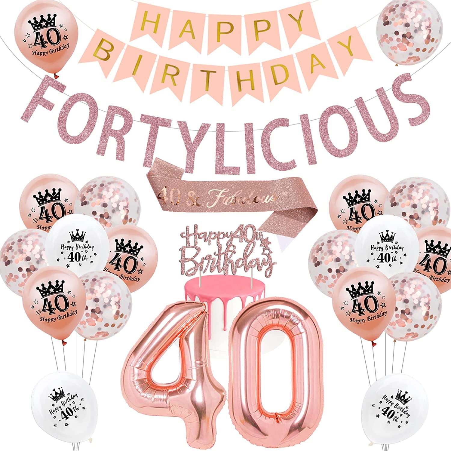 40th Birthday Decoration Rose Gold for Women, Fortylicious Banner 40th