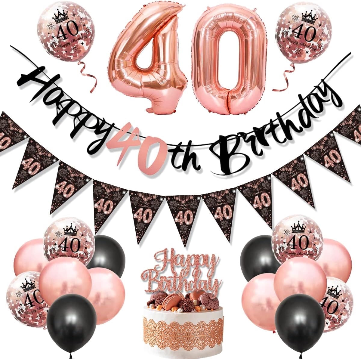 AYUQI 40th Birthday Decorations For Women, Rose Gold Happy Birthday Party Supplies Birthday Bunting Banner Rose Gold Confetti Latex Balloons Number 40 Cro