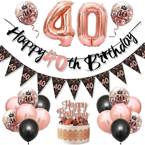 40th Birthday Decoration Women, MMTX Balloon 40th Birthday Decoration Black Rose Gold With Pennant Chain Banner, Happy Birthday Garland