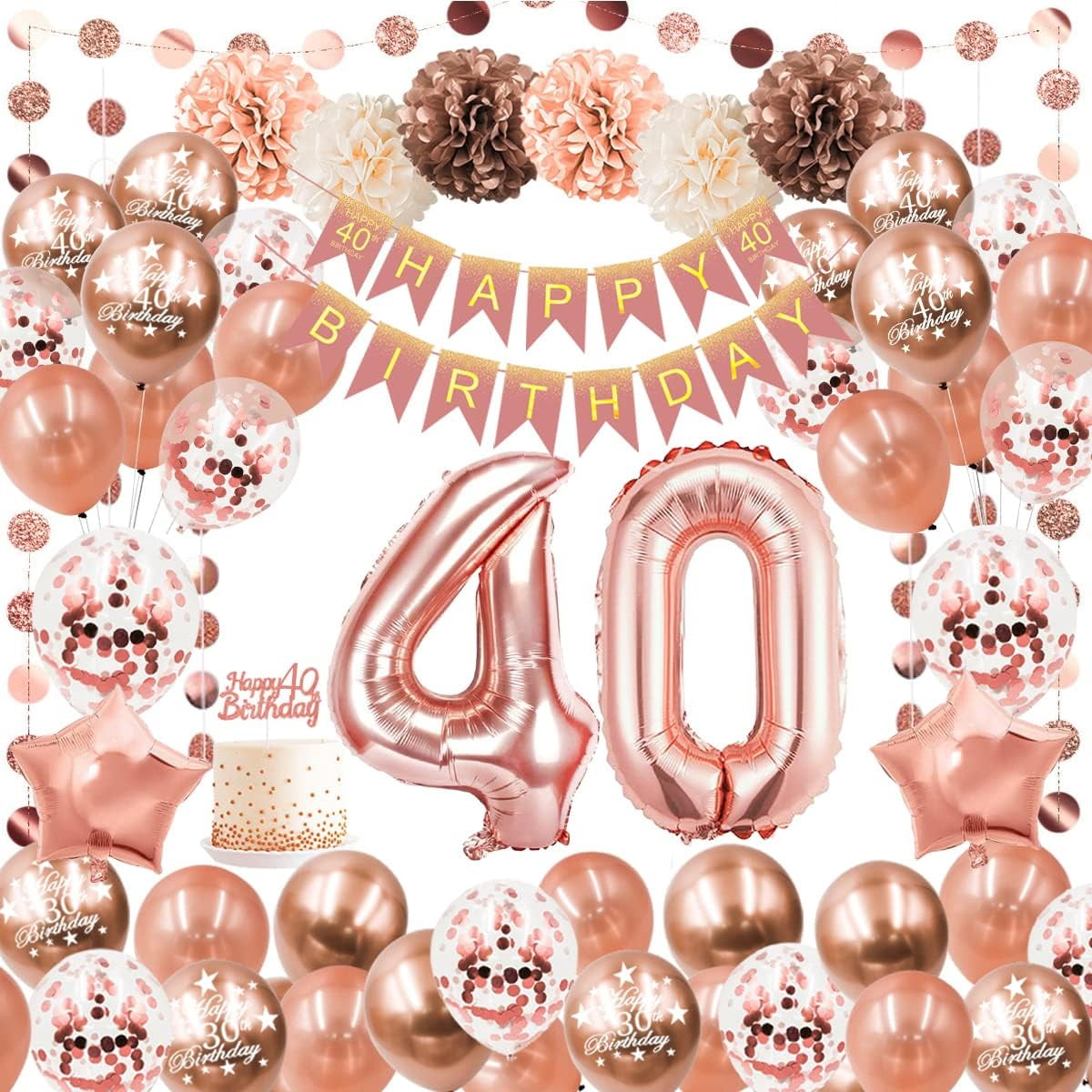 40. Geburtstag Deko-Set Für Frauen – In Schwarz & Rosegold, Mit Banner, Pompons & Girlanden