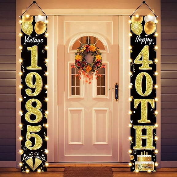 40th Birthday Decorations Lighted Banner for Men and Women - Black Gold Vintage 1955 70th Birthday Door Banners with LED Light, Seventy Years Bday Party Supplies for Indoor Outdoor Decor