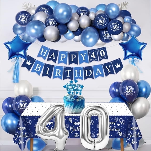 AYUQI 40th Birthday Decorations Men Women, Navy Blue Silver 40th Happy Birthday Banner and Star Foil Balloons, Royal Blue Latex Balloon Arch Kit