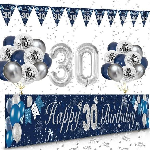 40th Birthday Decorations Men: Navy Blue Silver Balloon, Banner, Triangle Flags, Balloons & Confetti for 40 Years Old Birthday Party Supplies