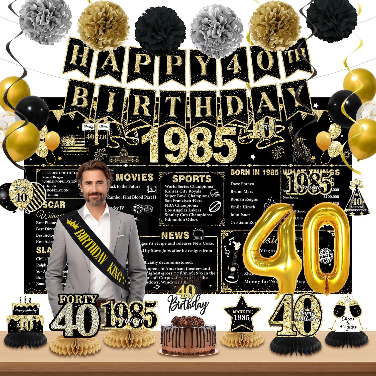 "Party Like It's 1985" 40th Birthday Banner | Gold Glitter Pre-Strung Decor | Back In 1985 Theme Party - View #3