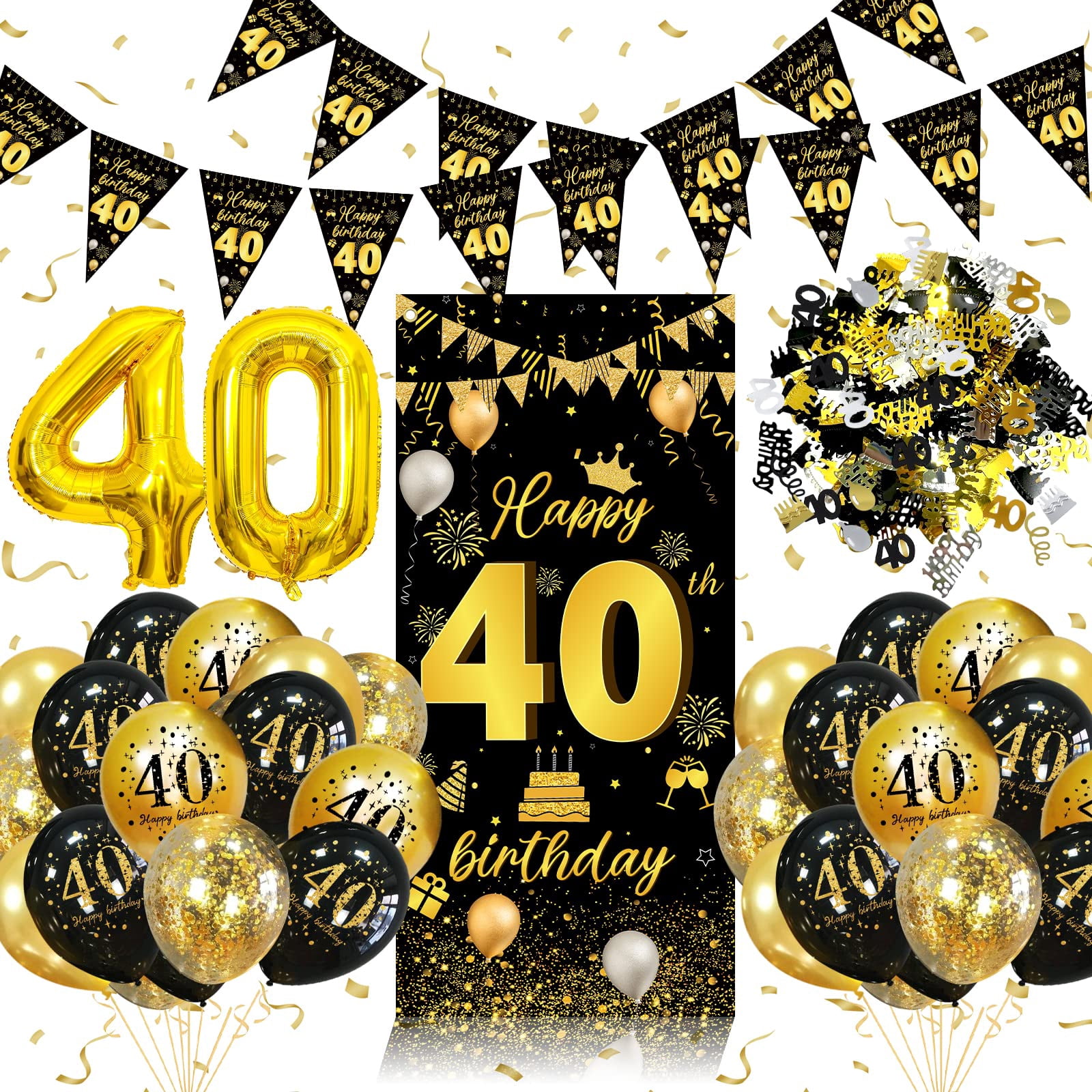 40th Birthday Balloons - 15 Pack 12" Black & Gold Confetti Latex Balloons For Party Decor