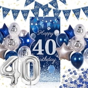 AYUQI 40th Birthday Decorations Men Women, Blue Silver 40th Door Banner, 32" Foil Balloon, Latex Balloons, Triangle Flag, 40 Year Old Sign Supplies