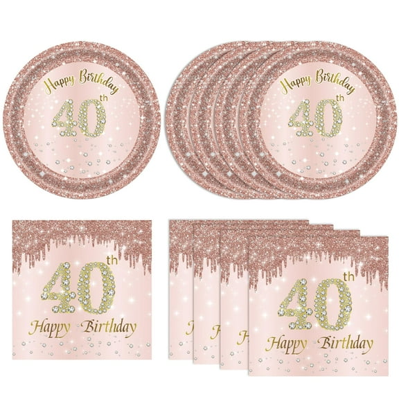 Rose Gold 40th Birthday Party Supplies Set  Disposable Tableware for Women, 20 Plates and 20 Napkins, Elegant 1985 Themed Decorations with Diamond Patterns, Perfect for Anniversary Celebrations