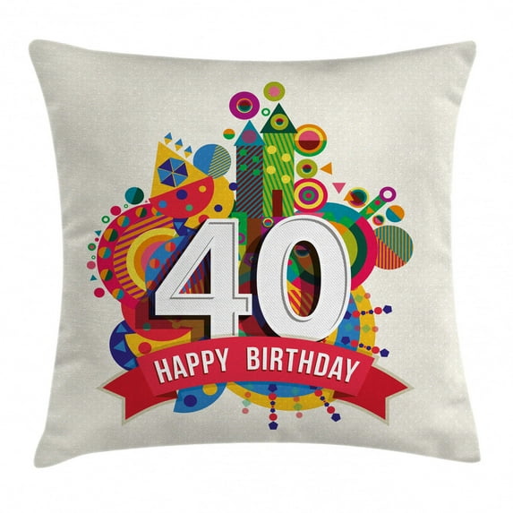 40th Birthday Decorations Throw Pillow Cushion Cover, Cute Display with Colorful Cartoon Style Figures Dots and Banner, Decorative Square Accent Pillow Case, 24 X 24 Inches, Multicolor, by Ambesonne