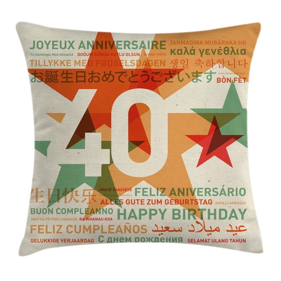 40th Birthday Decorations Throw Pillow Cushion Cover, Happy Birthday From All Over the World Different Languages Retro, Decorative Square Accent Pillow Case, 20 X 20 Inches, Multicolor, by Ambesonne
