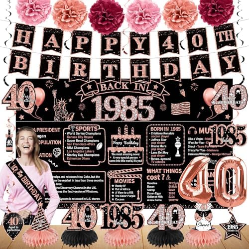 40th Birthday Decorations for Women, 21pcs Vintage 1985 Banner Party ...