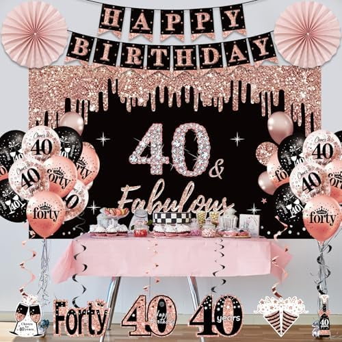 40th Birthday Decorations for Women, 33pcs Black Rose Gold Happy 40th Birthday Banner Crown and Sash Balloons Backdrop Hanging Swirls Paper Fans, 40 Years Old Party Supplies Kit