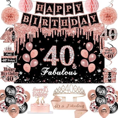 40th Birthday Decorations for Women,52Pcs PRE-STRUNG Rose Gold Black Party Set-60 Years Old Crown and Sash,Banner,Hanging Swirl,Backdrop Decor,CakeTopper,Age Candle, Balloons, Pom Poms,PRE-ASSEMBLED