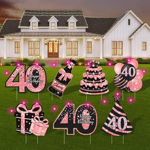 40th Birthday Decorations for Women - 7 Pcs Birthday Yard Signs with Stakes, LED Lights & Double-Sided Tape | Happy 40th Decor | Outdoor/Indoor Party Favors, Photo Props & Lawn Decorations