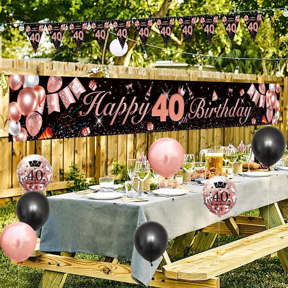 40th Birthday Decorations for Women Black Rose Gold 40th Happy Birthday Banner with Balloons Lady 40 Years Old Birthday Backdrop Yard Signs Forty Birthday Decor Supplies Walmart