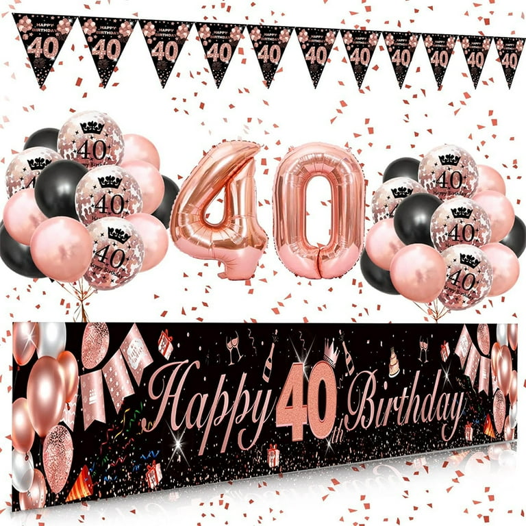 Rose Gold & Black 80th Birthday Decorations - Yard Banner & 18 Balloons Party Set