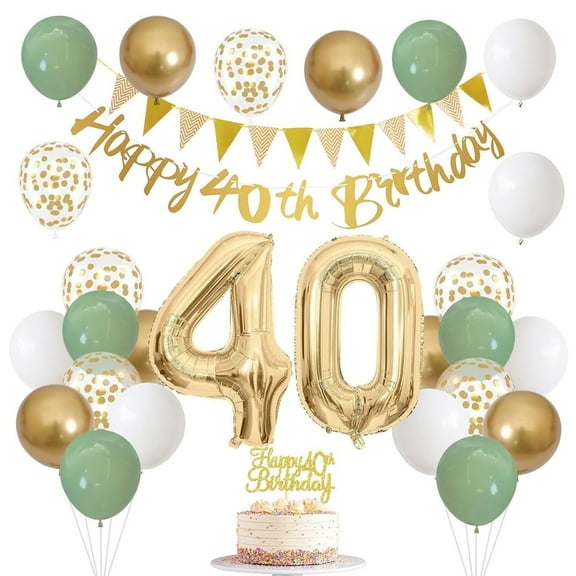 40th Birthday Decorations for Her Him, Happy 40th Birthday Banner With Flag Foil Balloon, Sage Green White Gold Balloons