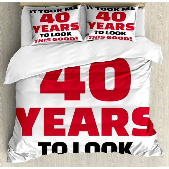 40th Birthday Duvet Cover Set, 40 Years and Looking Confident Cool Funny Catchphrase, Decorative 3 Piece Bedding Set with 2 Pillow Shams, King Size, Dark Coral Black White, by Ambesonne