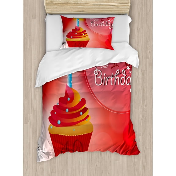 40th Birthday Duvet Cover Set, Delicious Cupcake with Candlestick Dots and Stars Romantic Design, Decorative 2 Piece Bedding Set with 1 Pillow Shams, Twin Size, Red Orange Blue, by Ambesonne