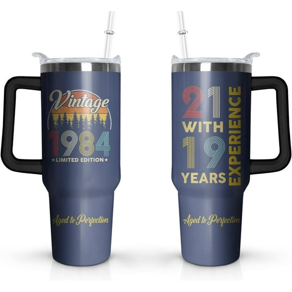 40th Birthday Gifts Cup, 40 Oz Stainless Steel Tumbler with Handle & Straw, 40 Year Old Birthday Gifts for Men Coffee Mug, 40th Birthday Decorations for Men, Happy 40th Birthday Gifts for Men