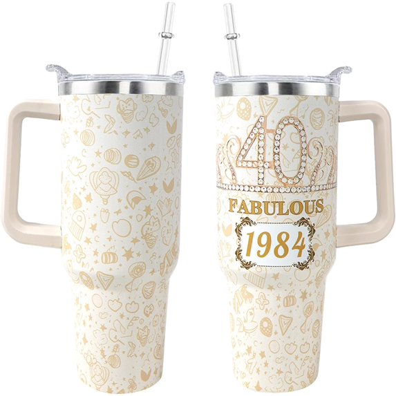 40th Birthday Gifts for Women 40 oz Tumbler with Handle and Straw Lid Leak Proof - 40 Years Old 1984 Fabulous Gifts for Women Insulated Tumblers Travel Coffee Mug