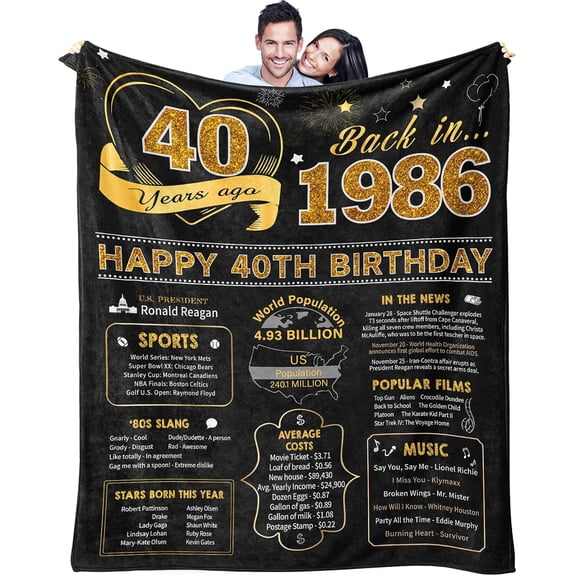 40th Birthday Gifts Women Men, 40 Year Old Birthday Gifts for Women Men, 40th Bday Gift Ideas Throw Blanket 60 x 50 Inch, 1986 Bday Gift for Woman Man, 40 Yr Old/Forty Presents for Female Male