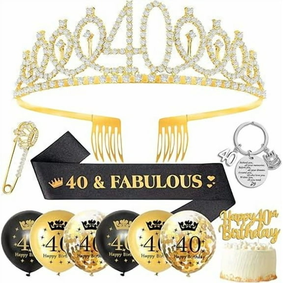 40th Birthday Gifts for Women,40th Decor Sash and Tiara,40th Tiara Crown,40th Sash,Black Gold Balloons,Cake Topper,Keyring Women Happy 40 Party Favor
