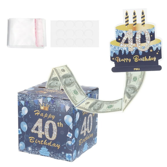 40th Birthday Money Box for Cash Gift, Birthday Money Pull Box with 100pcs Transparent Bags for Birthday Surprise Card Party Decorations Women Girl Men Boy Best Friend, Blue