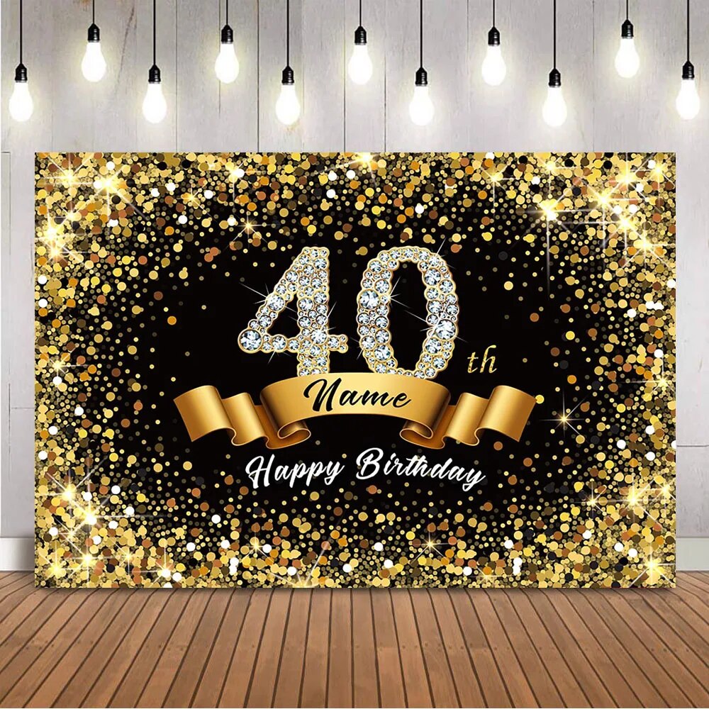 40 Background 40th Birthday Name DIY Happy Birthday Backdrop Gold Glitter Birthday ...