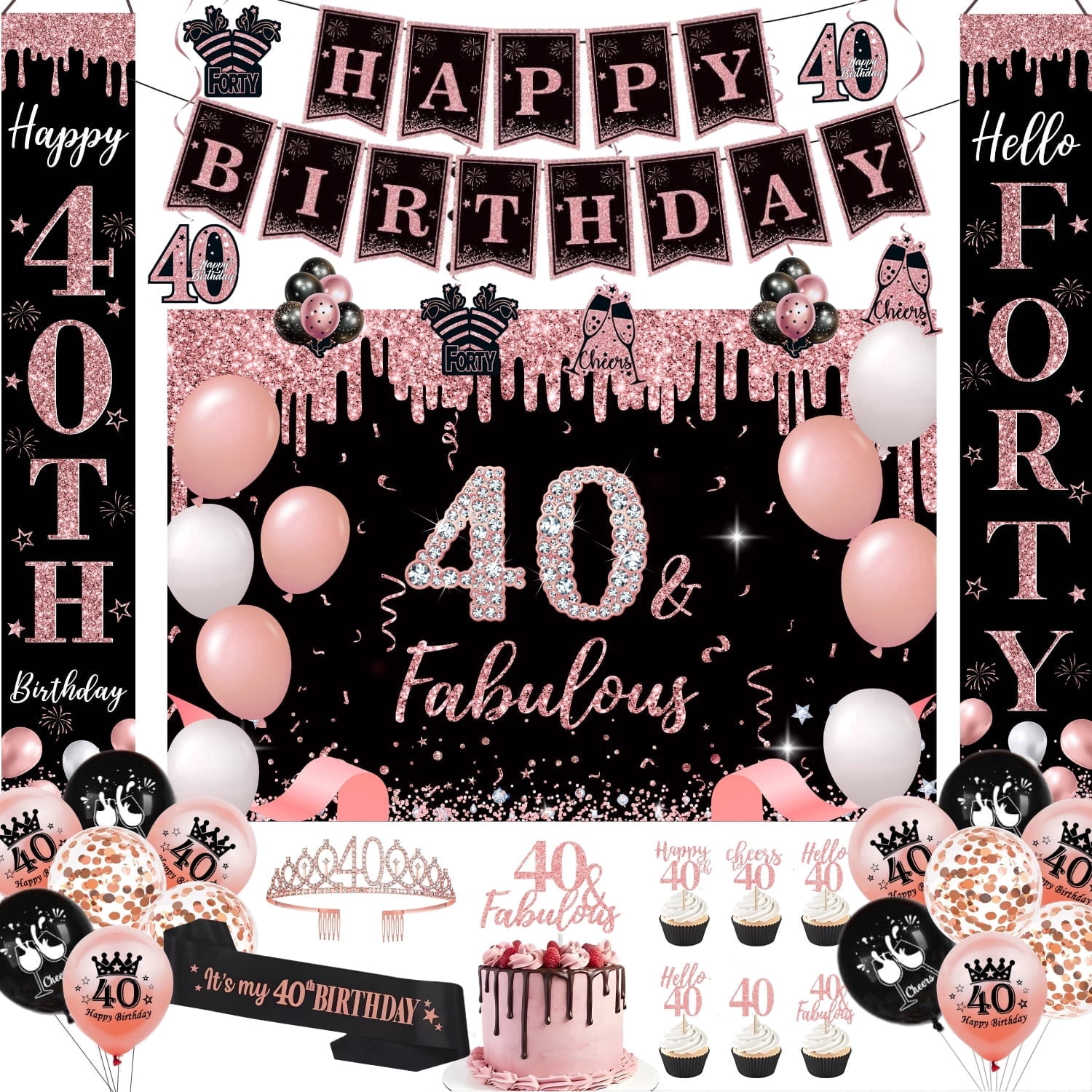 Happy Greetings 40th Birthday Party Decorations Kit Rose Gold Black for Women 45 Pieces