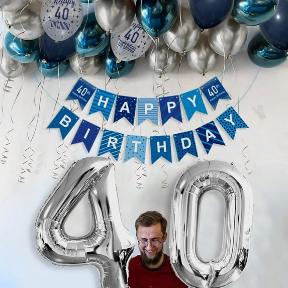 40th Birthday Party Decorations Navy Blue Silver Happy 40th Birthday Banner with Metallic Night Blue Silver Latex Balloons Foil Number 40 Balloons for Men Birthday Anniversary Party Decor Supplies