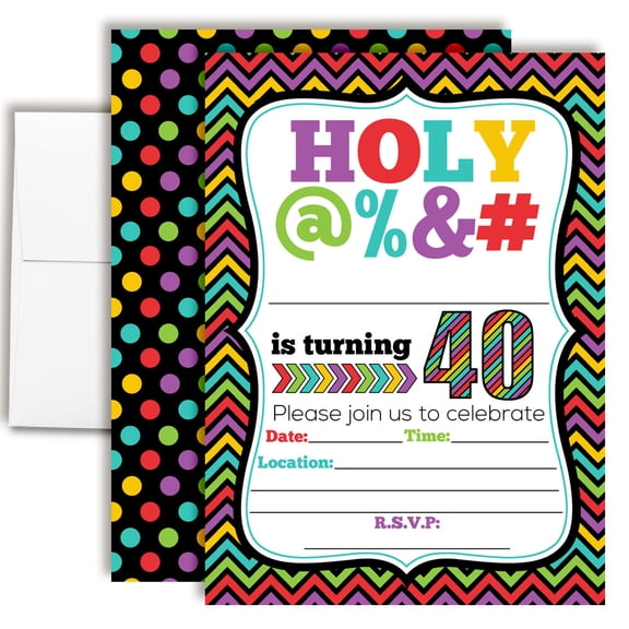 40th Birthday Party Invitations Funny Adult Milestone HOLY @%&# Design, Fill-In Cards with Envelopes, 5x7 Size, Set of 20
