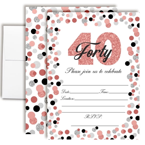40th Birthday Party Invitations – Rose Gold & Silver Confetti Design, Fill-In Cards with Envelopes, 5x7 Size, Set of 20