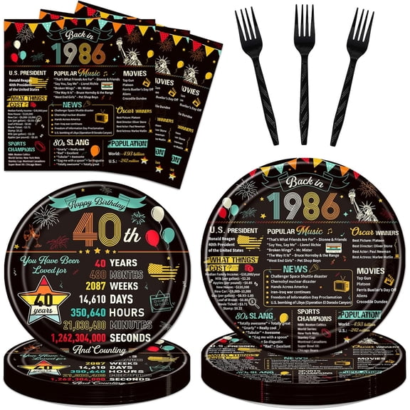 40th Birthday Plates and Napkins, 96PCS Vintage 40th Birthday Party Decorations Supplies for Women Men, Back in 1986 Cheers to 40 Years Disposable Tableware Set Serve 24