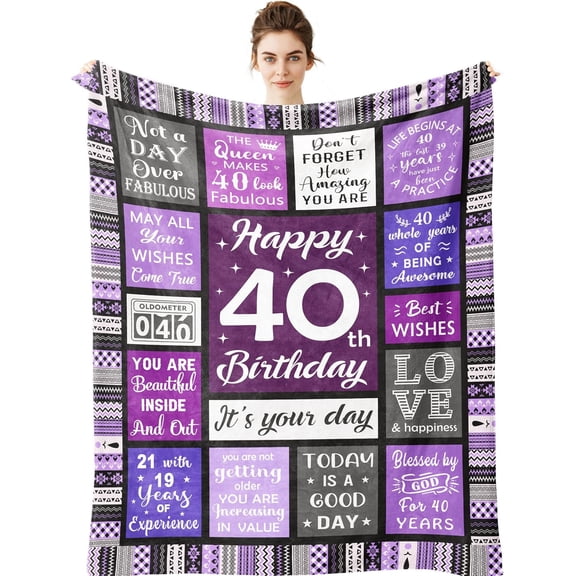 40th Birthday Purple Patchwork Throw Blanket with Motivational Quotes and Soft Fleece for Her Home Decor