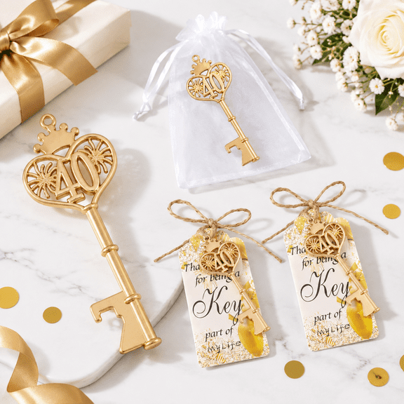 40th Metal Alloy Key Bottle Opener Party Favor Set with Organza Bags and Thank You Cards