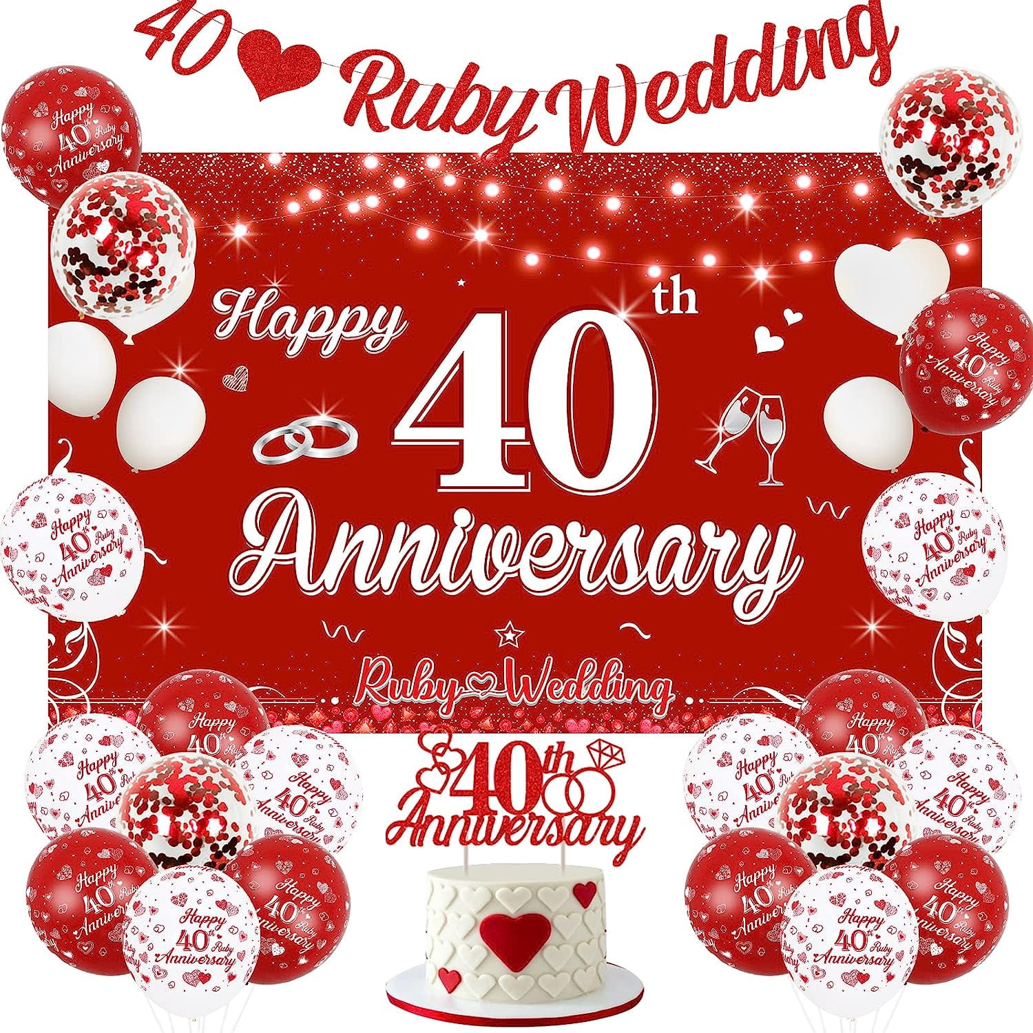 40th Wedding Anniversary Decorations Set, Ruby Wedding Party Backdrop ...