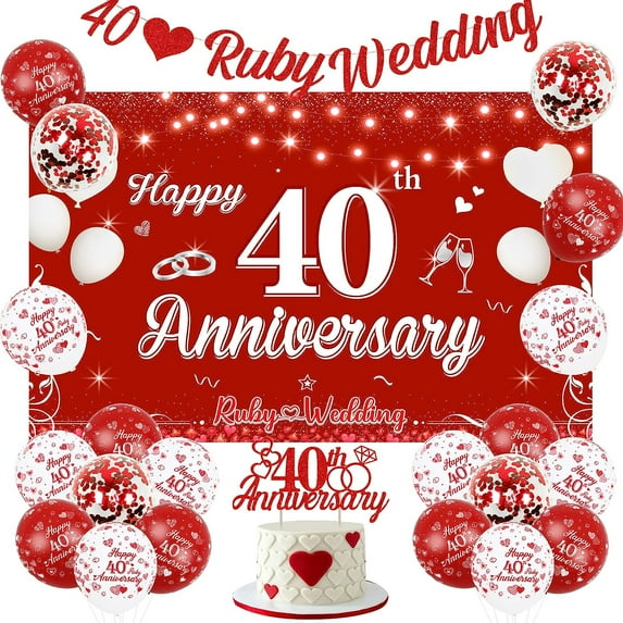 40th Wedding Anniversary Decorations Set, Ruby Wedding Party Backdrop, 40th Wedding Glitter Banners, 40th Anniversary Cake Topper, Red and White Balloons for 40th Anniversary Party Supplies