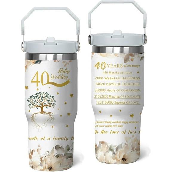 40th Wedding Anniversary Tumbler with Handle and Straw, Ruby Wedding 40th Anniversary Stainless Steel Cups 30 Oz, 34th Anniversary Cup For Couple Parents Friends, Wedding Gifts Anniversary Cups