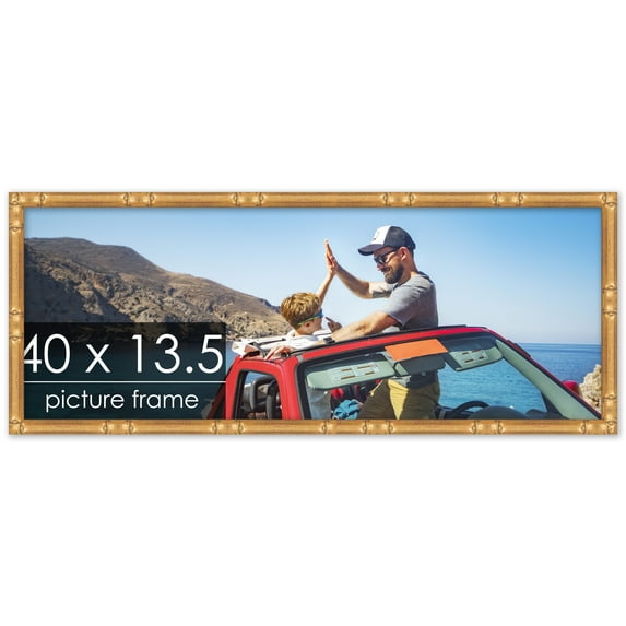 40x13.5 Gold Thin Bamboo Picture Frame - UV Acrylic, Foam Board Backing, Hanging Hardware