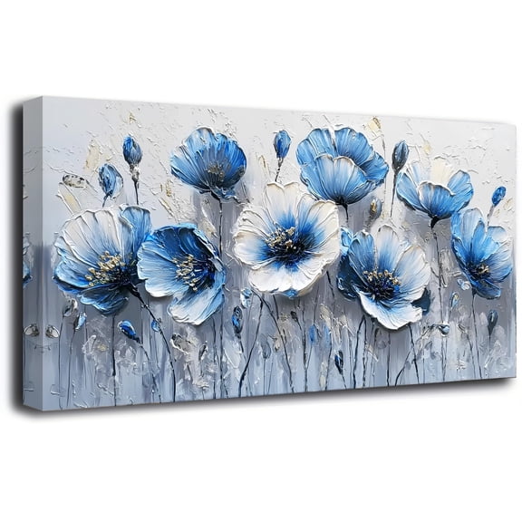40x20 Inch Blue And White Flowers Pictures Canvas Wall Art Large Horizontal Floral Painting For Living Room Bedroom Above Sofa Ready To Hang