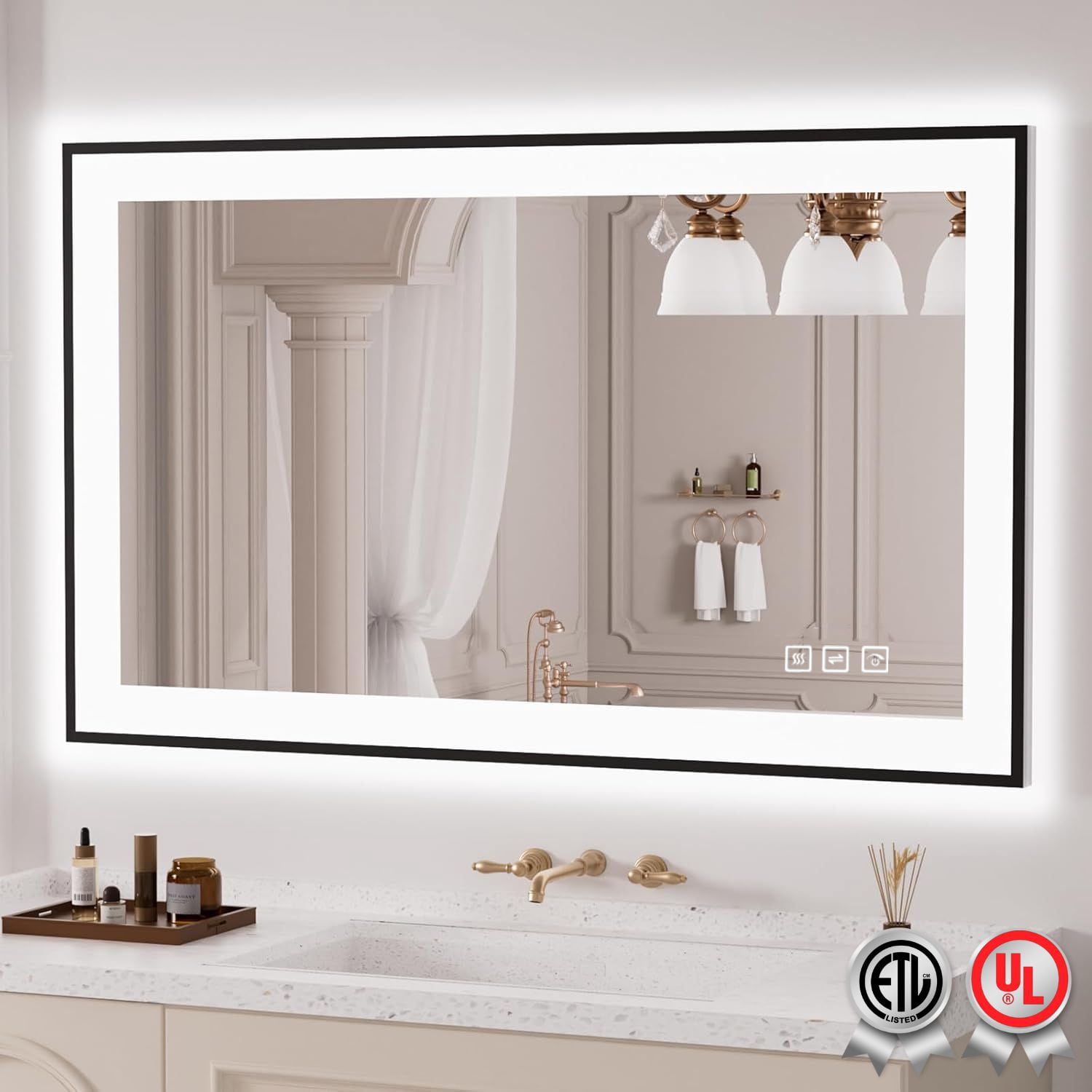 40x24 Inch Rectangular Framed LED Anti-Fog Wall Bathroom Vanity Mirror ...