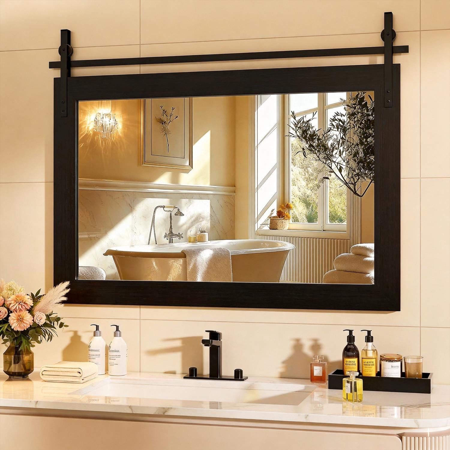 40x26-Inch Farmhouse Bathroom Mirror with Faux Wood Grain Frame, Rustic Wall Mounted Vanity Mirror and Decorative Mirror for Bathroom, Black