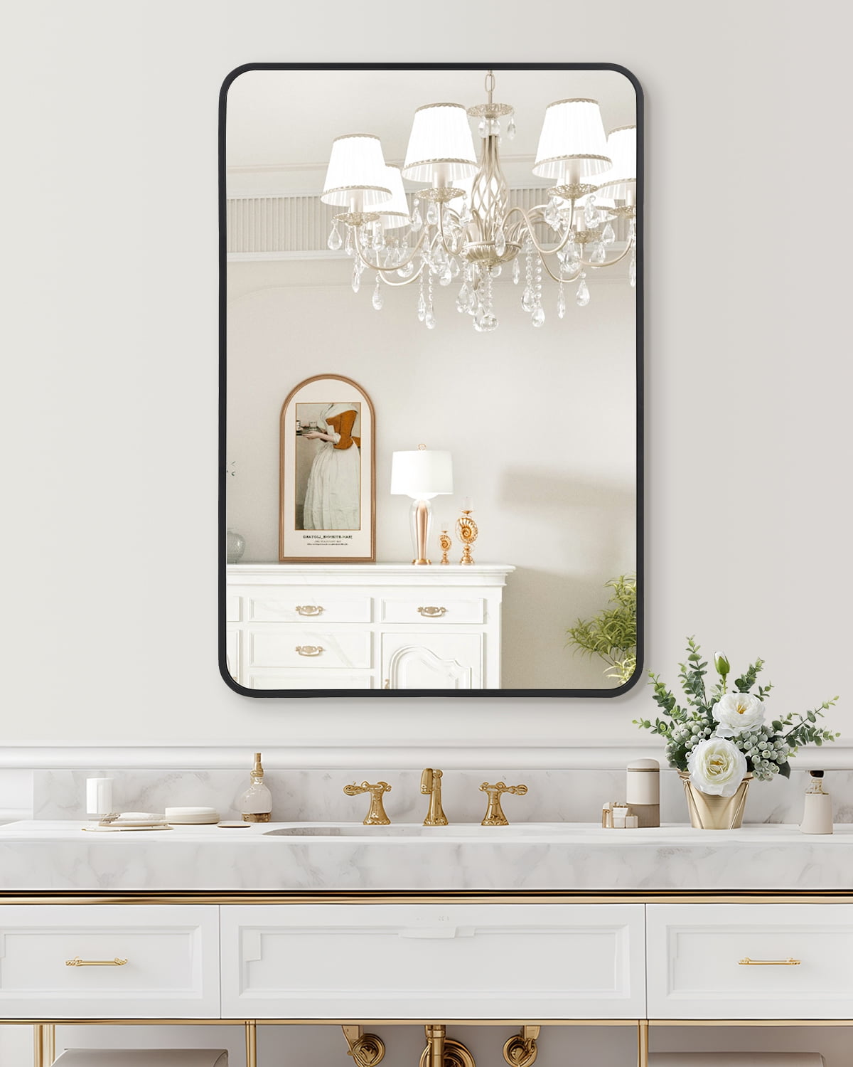 40x30 Inch Black Metal Framed Bathroom Mirror - Matte Black Rounded ...