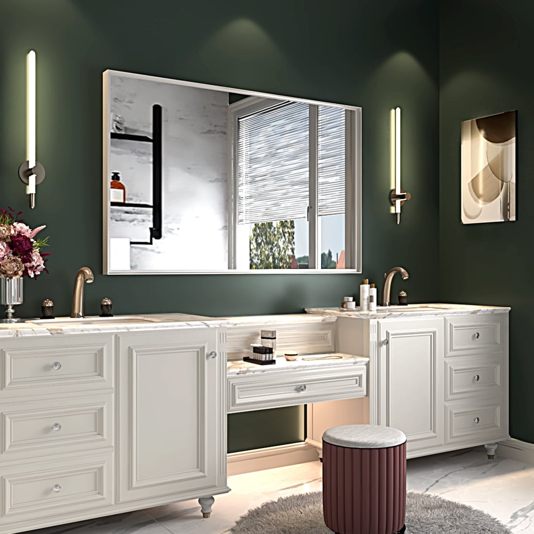 40x30 Inch Glossy White Rectangular Wall-Mounted Beveled Bathroom ...